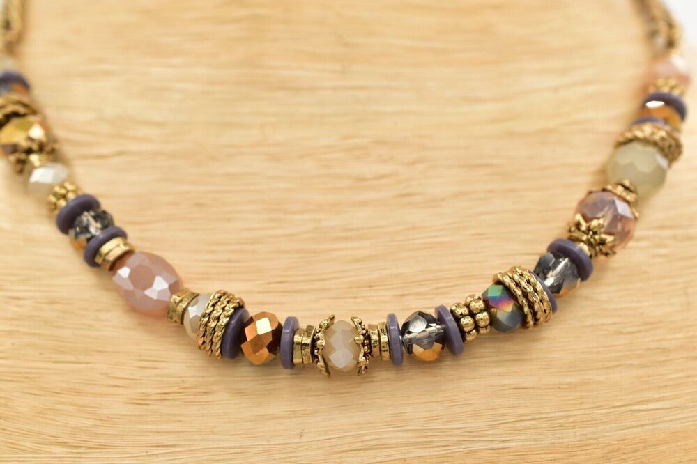 Vivi Love Vintage Crystal Necklace Gold Tone Beaded Antiqued Signed 1990s BinBC